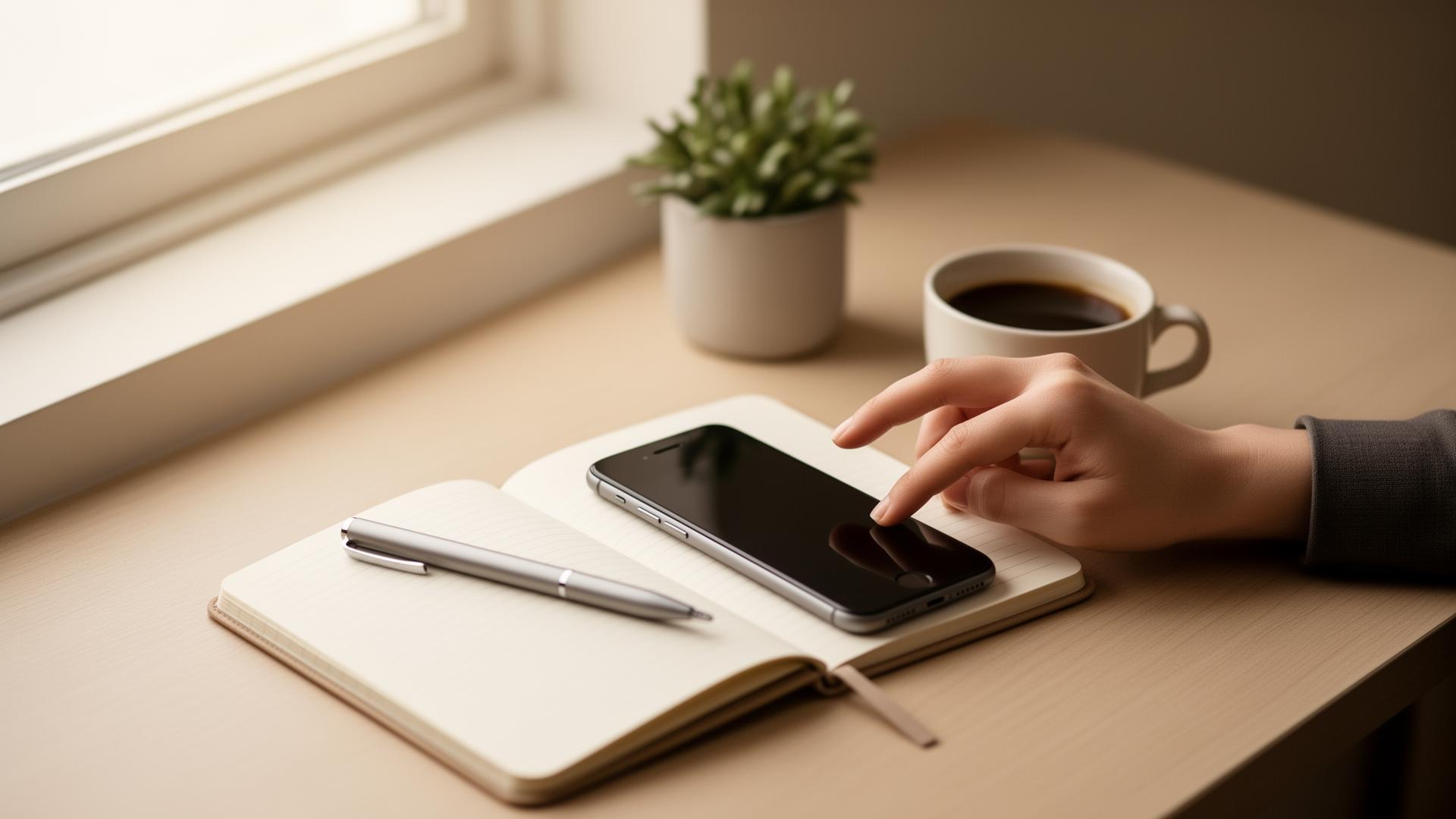 Schreibtisch mit Notizbuch, Smartphone und Kaffee – wir sind erreichbar